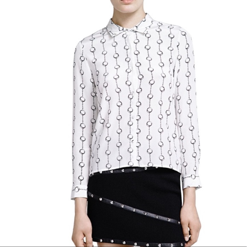The Kooples White Chain-print Silk Shirt Sz 4